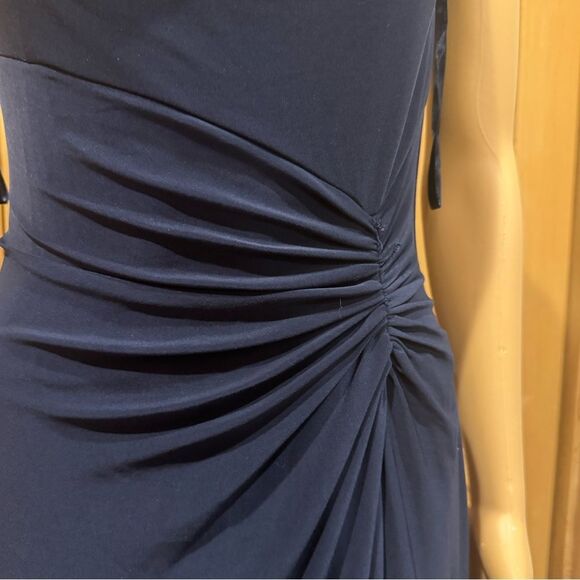 Lauren Ralph Lauren Evening Navy Blue Cowl Neck Ruched Gown w/ Leg Slit Sz 6 - Picture 3 of 9